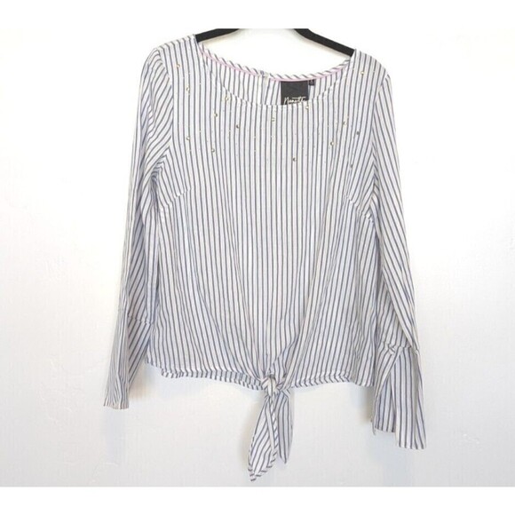 NANETTE LEPORE Top Womens Size S Blue White Striped Tie Front Long Flare Sleeve - Picture 1 of 9